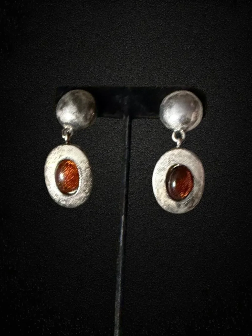 Vintage Goldstone Clip On Earrings Silver Tone Dangle Artisan Retro